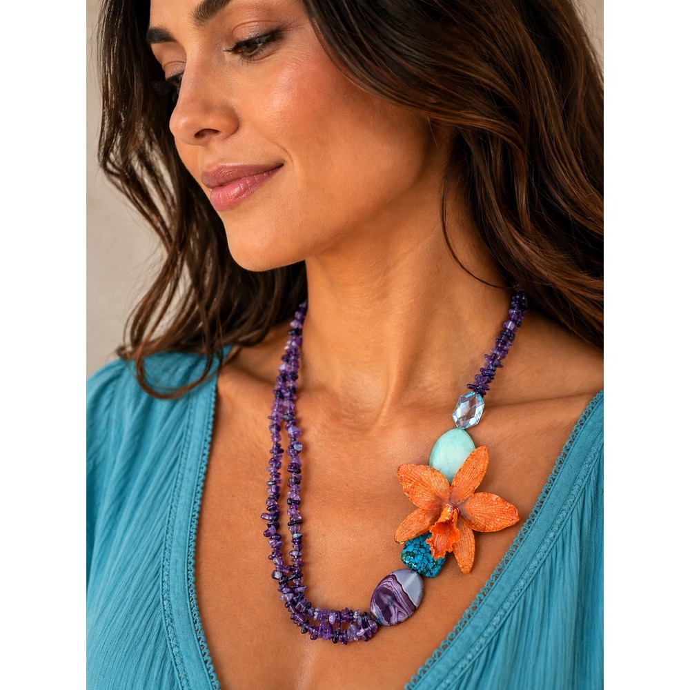 Double-Strand Amethyst Chip Necklace Tropical Orchid‎ Artisan Statement Jewelry